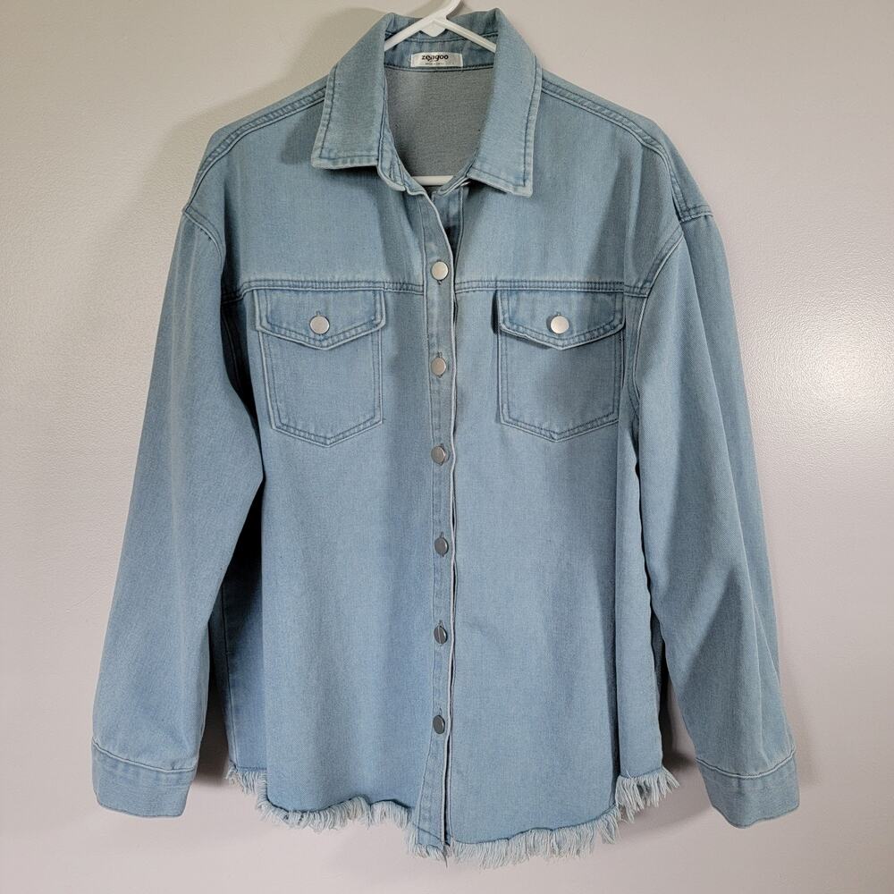 Denim Jean Jacket Womens Sz L Raw Hem Heavyweight Western Cowgirl Rodeo Zeagoo